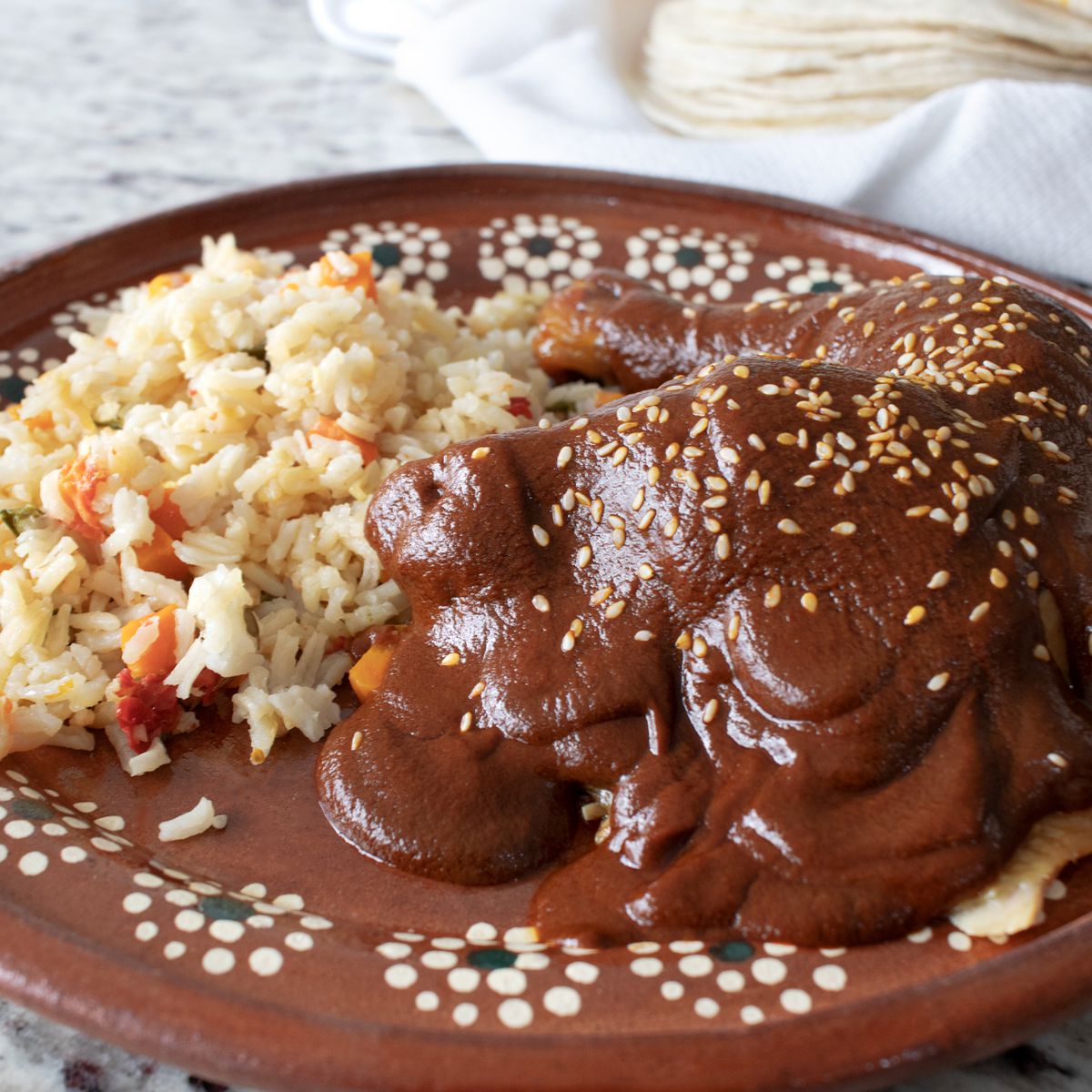 picture of the mexican dish, mole, with rice